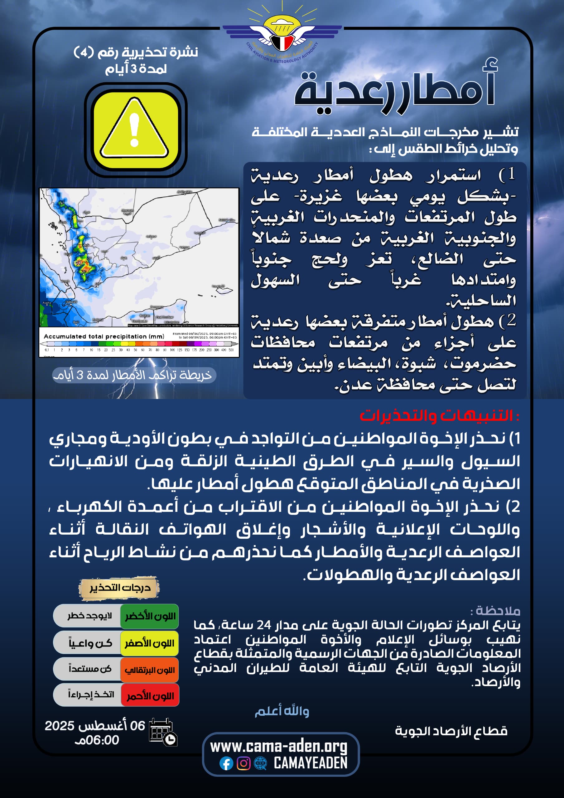 الأرصاد تحذر من استمرار الأمطار الرعدية المصحوبة برياح شديدة في عدة محافظات 